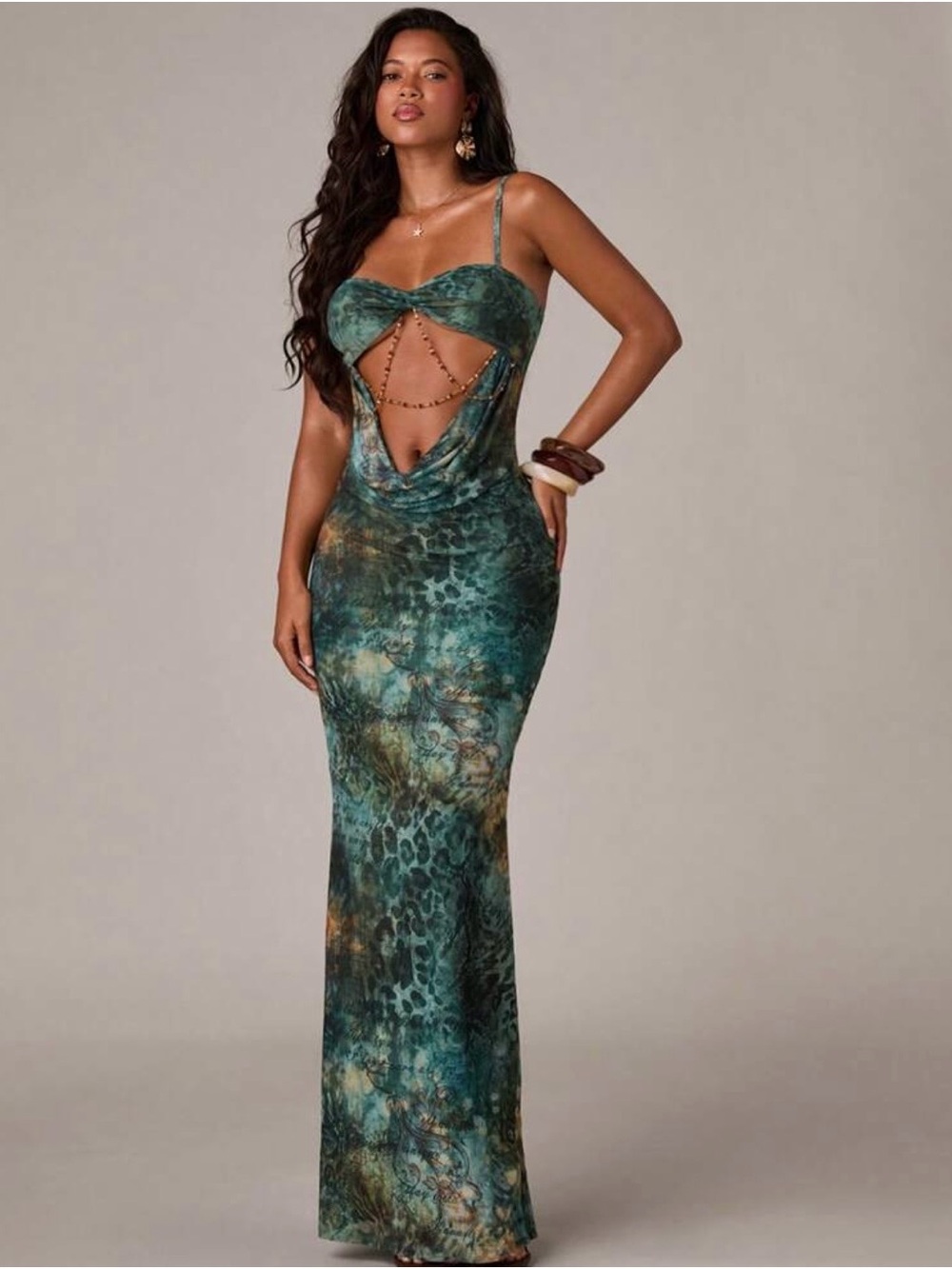 Green mixed print Cutout Maxi Dress with beaded Chain Detail